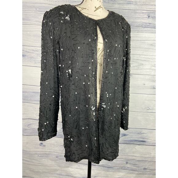 Royal Feelings Silk Cardigan Women M Black Lined Bead Sequin Shoulder Pad Formal - Picture 1 of 10